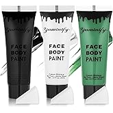 Paminify Black White Green Face Body Paint 1.01 oz/pc with 3 Sponges,Dark Green Zombie Face Painting Cosplay Kit, Elphaba Hunting Hulk Halloween SFX Witch Makeup Cream Face Paint,3 oz