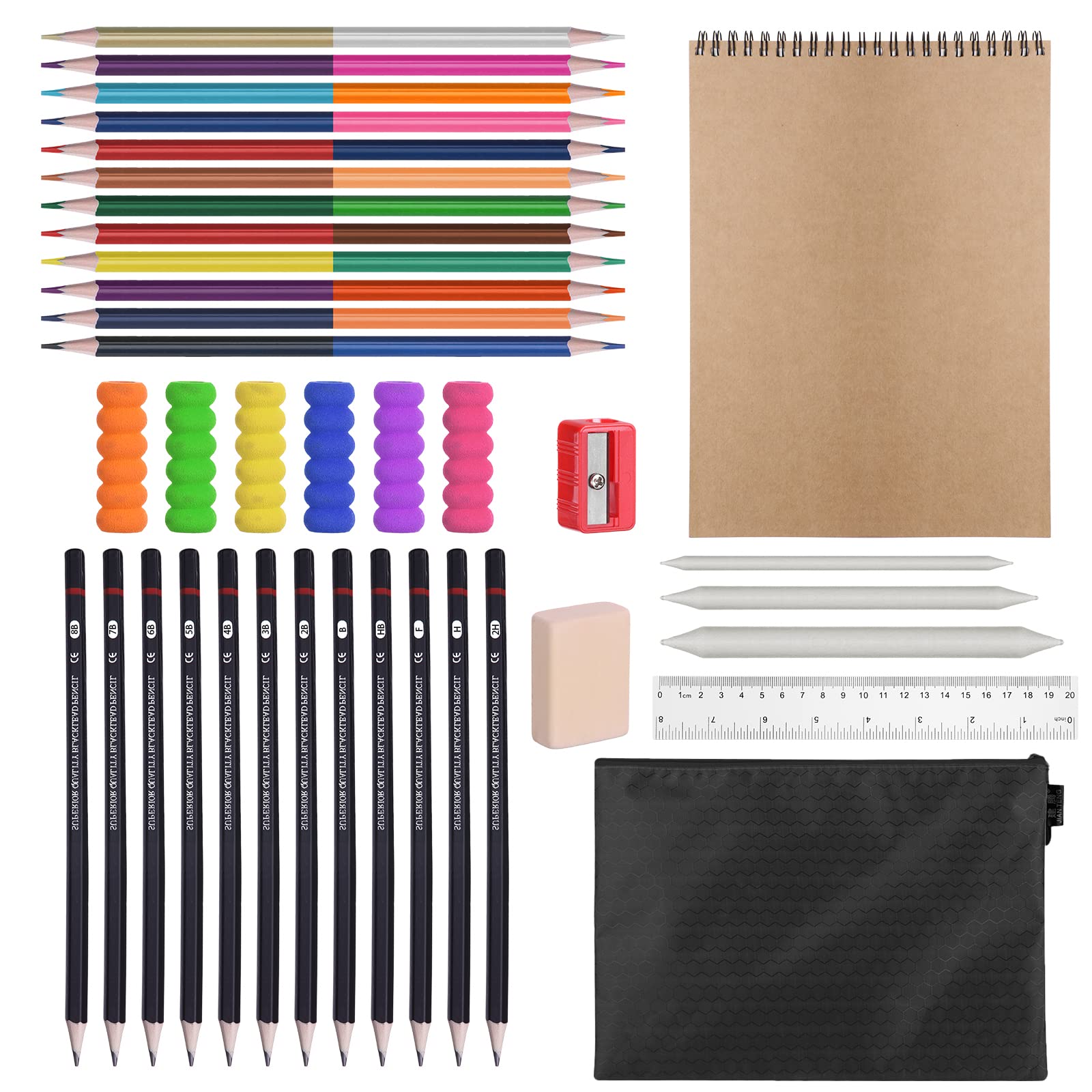 Drawing Sketching Pencils Set, 38pcs Art Kit with Black Zipper Bag, Sketch Book, Dual Ended Colouring Pencils, Eraser, Sharpener, Art Pencils Sketching Set for Adults Kids Beginners Drawing Sketching