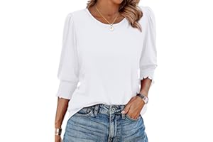 isermeo 2026 Blouses for Women Dressy Casual 3/4 Sleeve Womens Tops Crewneck Shirts with Smocked Cuffs S-XXL