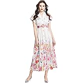 LAI MENG FIVE CATS Women's Summer Lapel V-Neck Floral Print Short Sleeve Button Maxi Dress