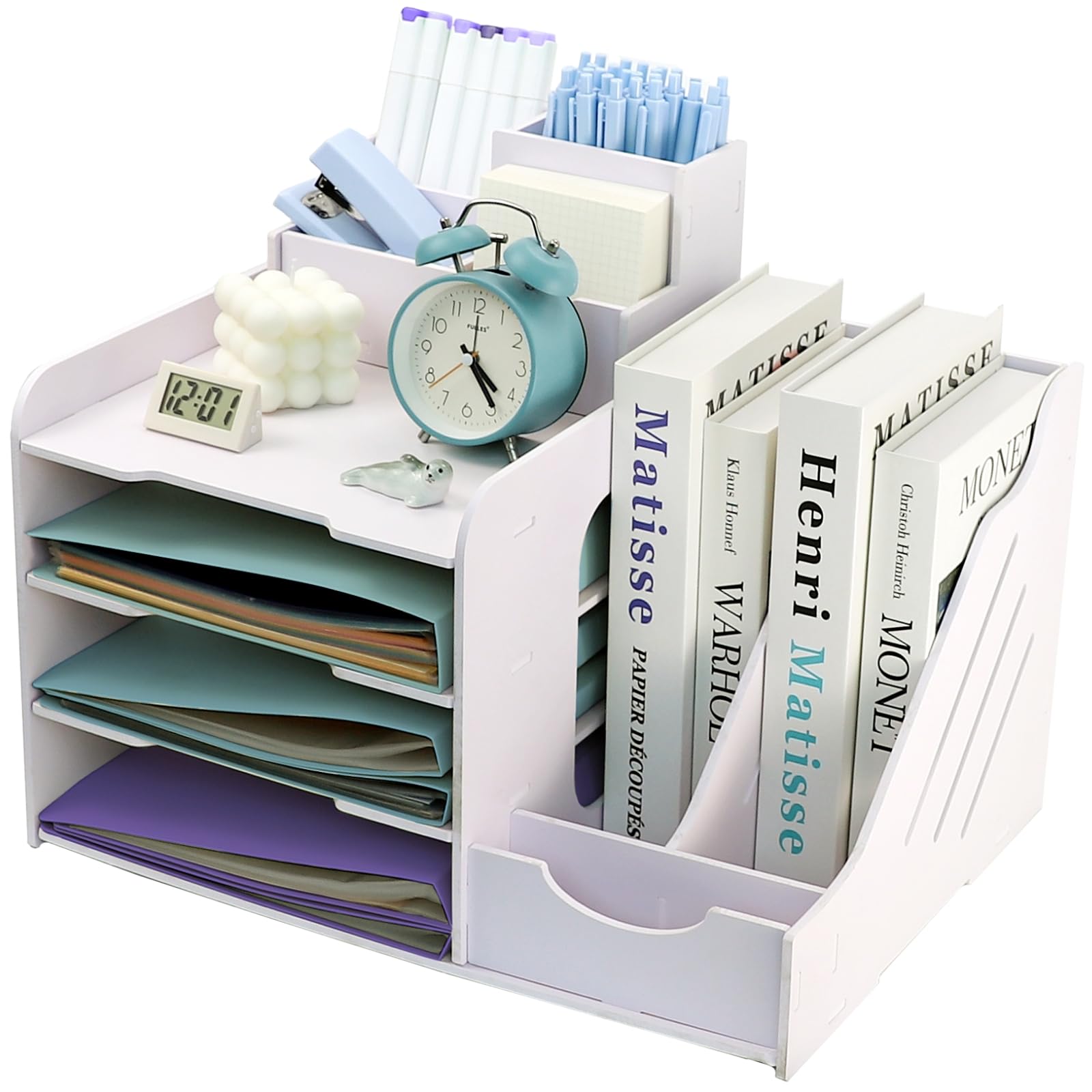 7-Compartment Letter Tray with Magazine Rack, Wooden Filing Tray for Office Desk, Desktop Organiser With Pen Holder, Desk Paper Organizer Folder Wood, File Document Holder for Home Office School — image 1