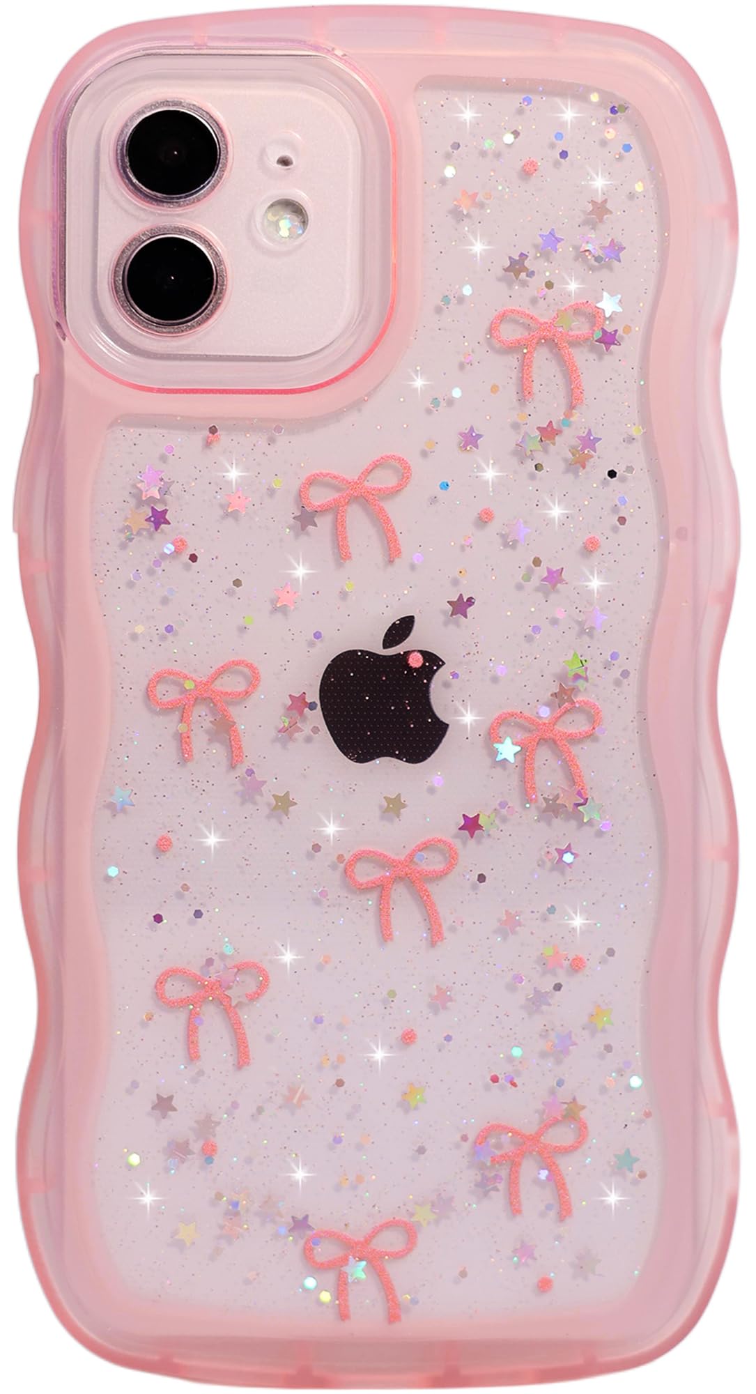 Photo 1 of Qokey for iPhone 12 Case, Glitter Star & Curved Edge Handle Grip Design, Military-Grade Shockproof Clear TPU Cover, Sparkle Protection Scratch-Resistant, Holographic Pink Bow