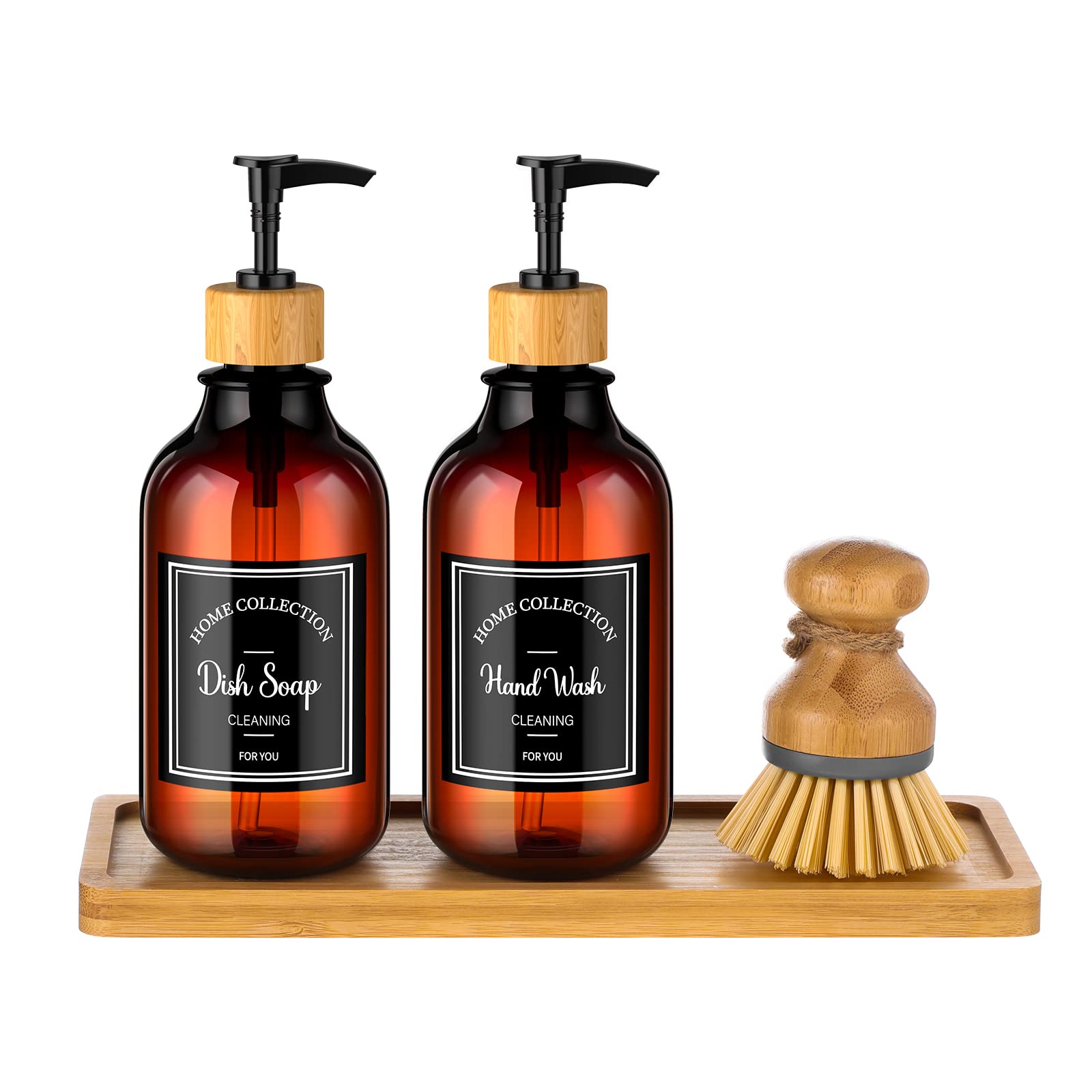 Photo 1 of Zopeal 4 Pcs Kitchen Soap Dispenser Set with Bamboo Tray and Dish Brush Plastic Soap Dispenser Set with Waterproof Labels for Hand Dish Lotion(Brown)