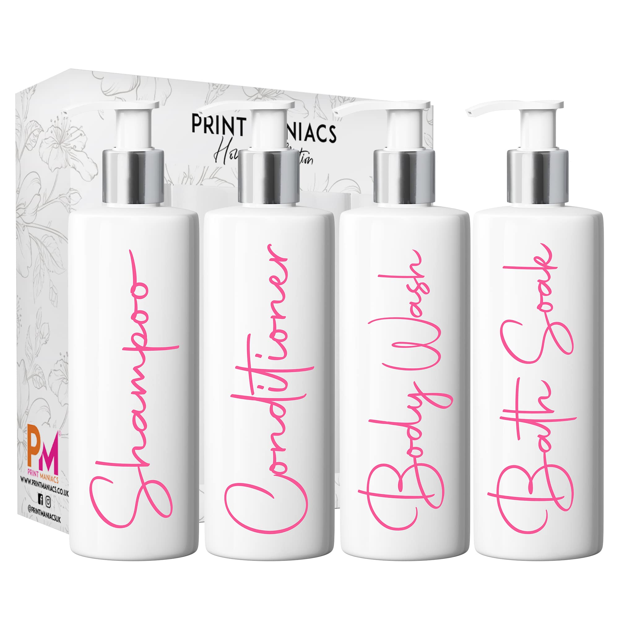 Print Maniacs Mrs Hinch Inspired White Personalised Pump Bottles Bathroom Kitchen Set Shampoo Conditioner Body Wash Bath Soak (F2) (Baby Pink)