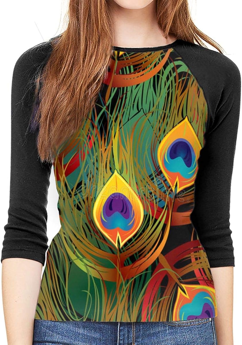 Women's Custom Peacock Feathers Raglan T Shirts Front Print 3/4
