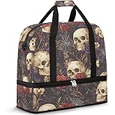 Skull Gothic Rose Flower Travel Duffel Bag Tote Carry On Luggage Sports Gym Bag With Shoe Compartment For Woman Man Overnight Weekend Yoga Workout Training Handbag