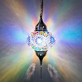 Turkish Moroccan Mosaic Pendant Light - Handcrafted Tiffany Style Swag Lamp with 15ft Cord, Vintage Glass Ceiling Fixture Lighting for Mediterranean Decor (Blue1)