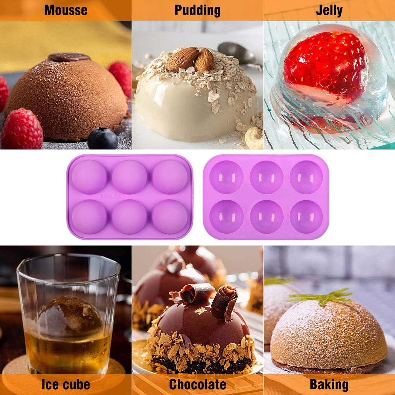 2 Packs Medium Semi Sphere Silicone Mold, Baking Mold for Making Hot Chocolate Bomb, Cake, Muffin, Jelly, Candy, Pudding, Dome Mousse, Handmade DIY Mold, 6 Holes Half Ball Sphere Silicone Cake Mold: Kitchen & Dining