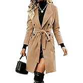 Springrain Womens Winter Wool Pea Coat Warm Notched Collar Double Breasted Belted Coat Long Jacket Outerwear