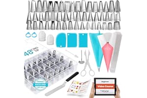 Piping Bags and Tips | RFAQK 100 PCs Cake Decorating Kit with Spatula-Scrappers-48 Numbered Stainless Steel Piping Tips & Ici