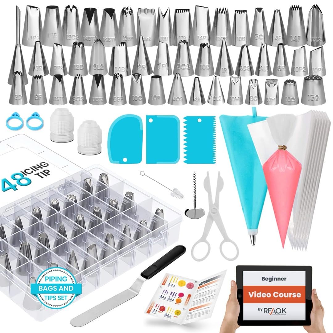 Piping Bags and Nozzles | RFAQK 100 PCs Cake Decorating Kit with Spatula-Cake Scraper-48 Numbered Piping Nozzle & Piping Bag-Reusable Silicon Bag-Pattern Chart, EBook & Icing Bags and Nozzles Set