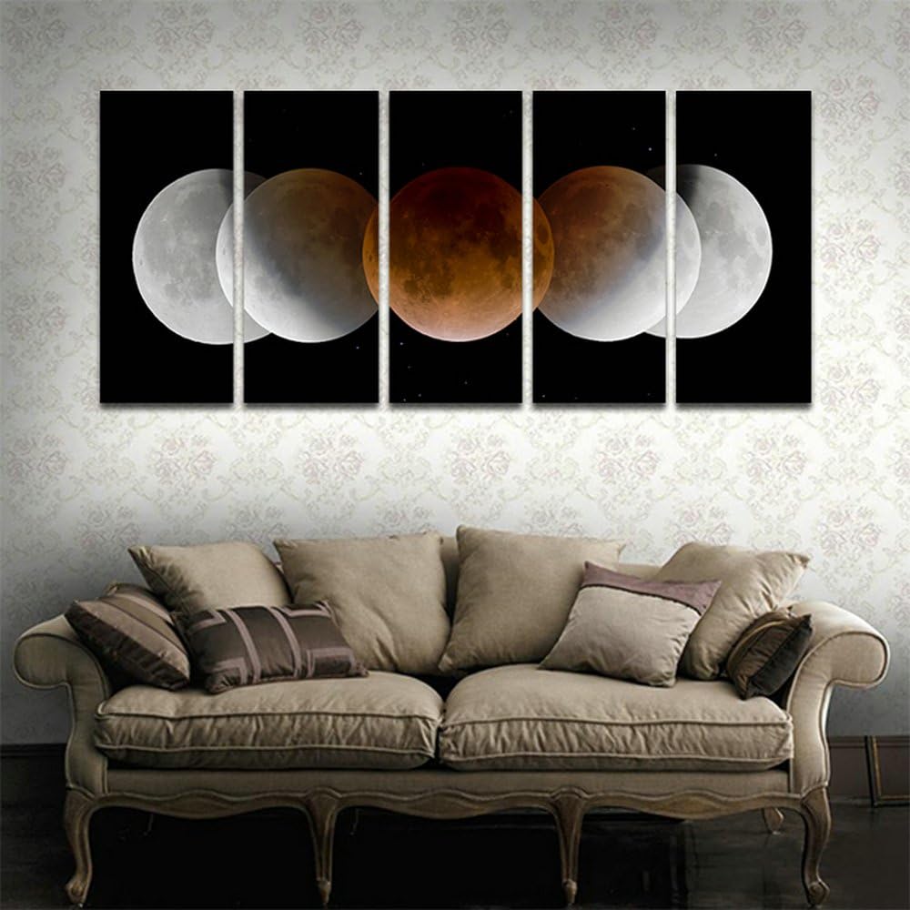 CyioArt - 5 Panels Fantastic Outer Space Planet Moon Phase Modern Abstract Artwork HD Giclee Canvas Prints Universal Pictures Paintings on Canvas Wall Art for Bedroom Home Decorations (49"W x 24"H, framed and ready to hang)