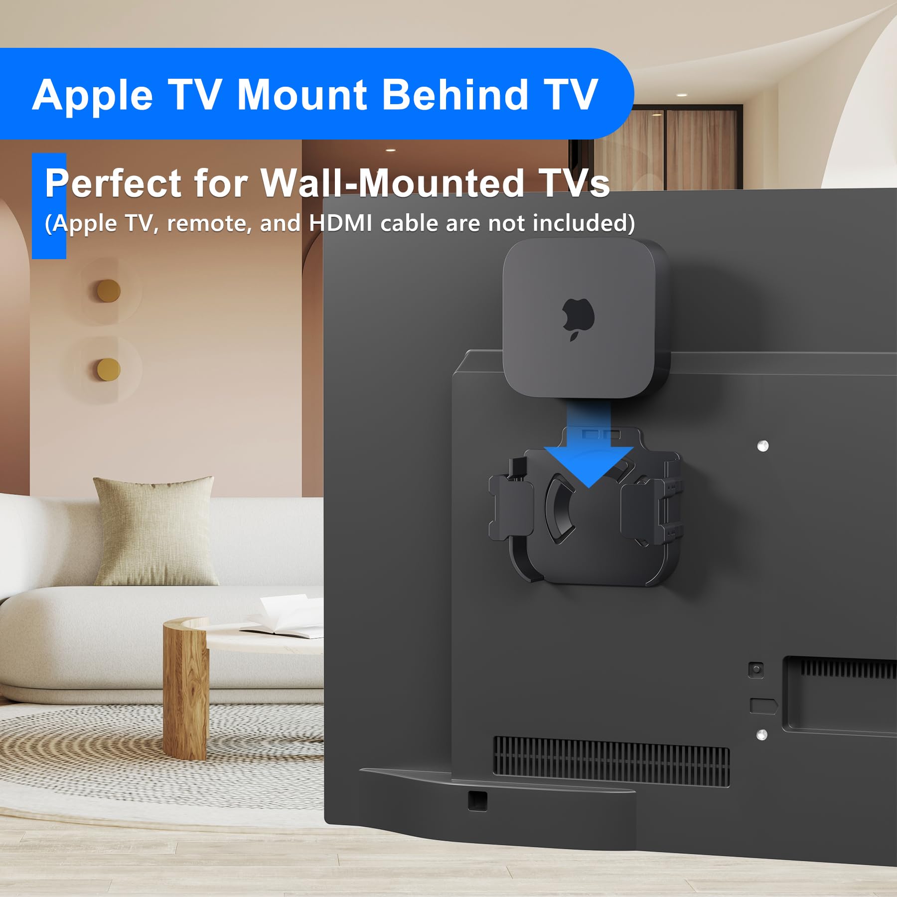 Behind TV Apple TV Mount, Apple TV Bracket Holder for Wall and Back of All Brand and Size Television, Compatible with All Apples TVs Generations (Including All 4K Models)