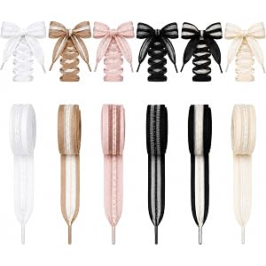 Dimioaoa 6Pairs Ribbon Lace Shoe Laces for Women Sneakers, Sheer Ribbon Shoelaces Flat Cute Shoe Laces Colorful Replacement Y