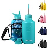 FAHRMOSIS 64 Oz Insulated Water Bottle with Strap Stainless Steel Sports Water Bottle with 3 Lids (Straw, Chug and Flip Lid) Leak Proof Metal Half Gallon Jug for Men & Women - Teal