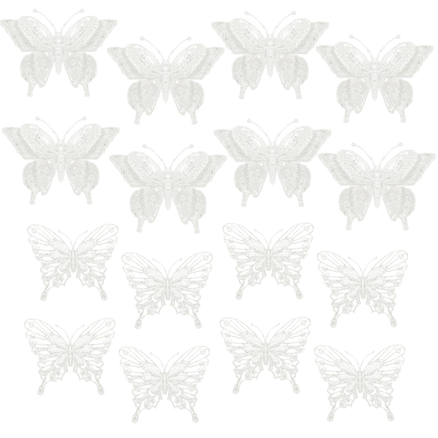 Photo 1 of 16 Pcs Christmas Glitter Butterfly Ornament, 6.2'' x 4.3'' Butterfly Decorations with Clip, Picks and Sprays for Tree, Wreath, Party Supply (White)