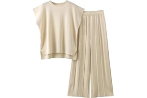 VATEAMI Women Knit 2 Piece Sweater Sets Pullover Tops High Waist Wide Leg Pants Lounge Set