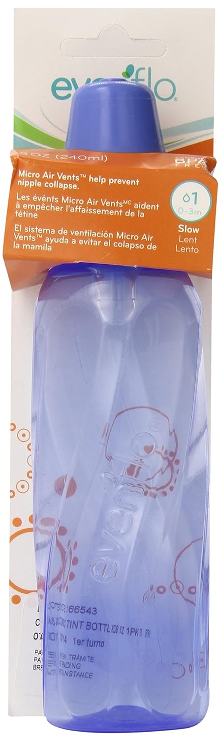 Evenflo Feeding Classic Tinted Plastic Standard Neck Bottles for Baby, Infant and Newborn - Pink/Lavender/Teal/Green/Blue (COLORS MAY VARY), 8 Ounce (Pack of 1)