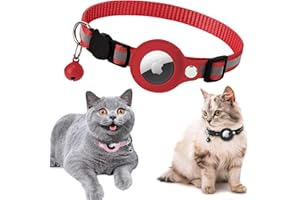 JOZY Reflective AirTag Cat Collar Breakaway with Safety Elastic Band – Cat Collar with Apple Air Tag Holder & Bell - Adjustable Length (9-13 Inch) & Lightweight for Girl Boy Cats and Kittens [Red]