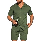 URRU Mens 2 Piece Outfits Summer Casual Texture Beach Short Sleeve Button Down Shirts and Shorts Set with Pocket