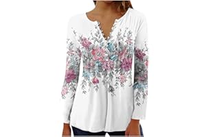 GENERIC Womens Tunic Tops 2023 Long Sleeve T Shirts Cute Print Tees Loose Fit Trendy Henley Tshirt Casual Dressy Blouses