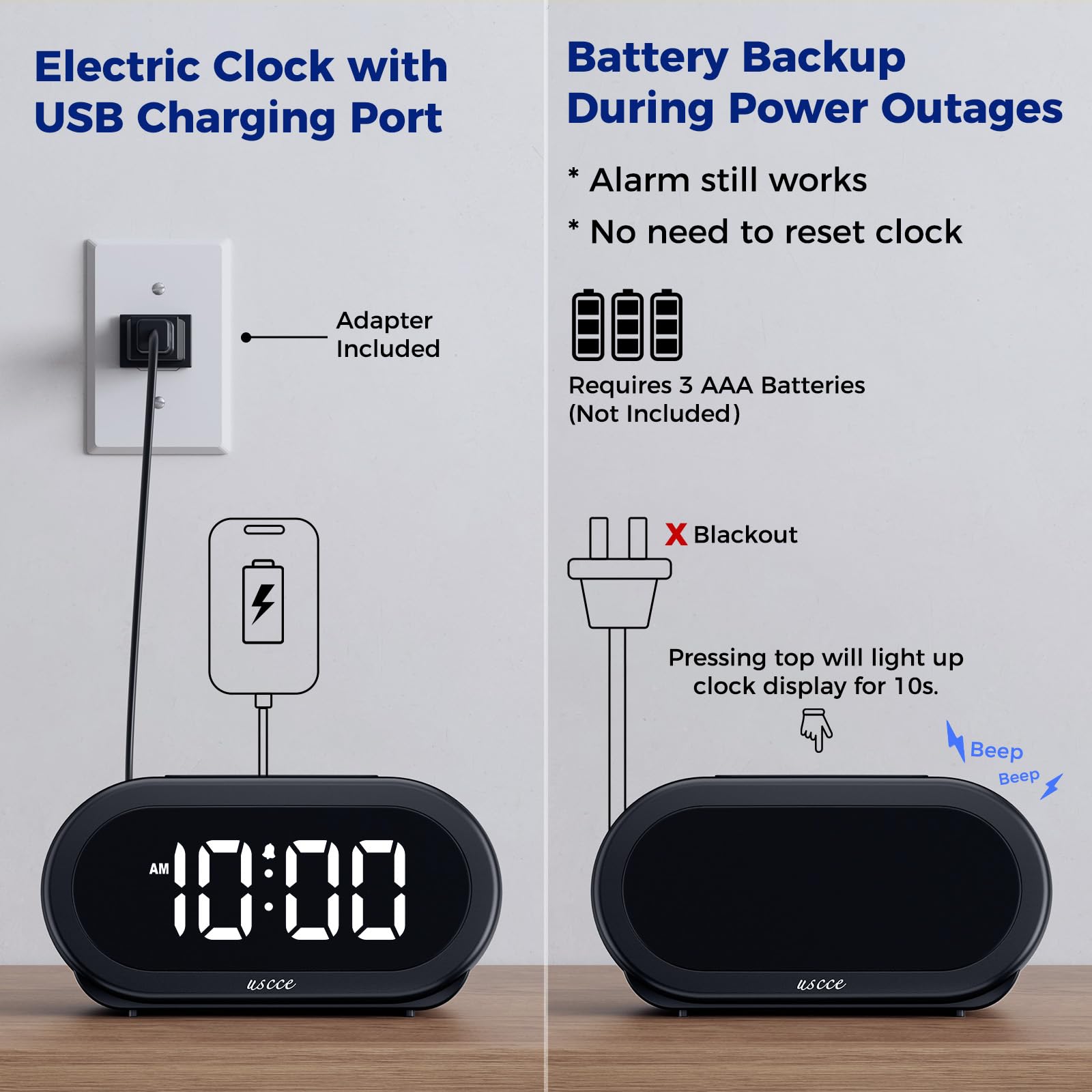 uscce Small Digital Clock for Bedroom: 6 Dimmable Brightness 4 Alarm Volume - Plug in Clock with Easy Operation for Bedside Desk