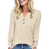 YOKGO Long Sleeve Shirts for Women Henley Tunic Tops V Neck Casual Fall Top Loose Fit Pullover Sweaters Fashion Clothes