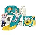 NYEEKOY 9-in-1 Toddler Slide, Bus-Themed Baby Slide and Climber Playset with Basketball Hoop, Ring-Toss, Car Playhouse, Kids Indoor and Outdoor Playground
