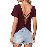 LilyCoco Womens Backless Top Open Back Twist Criss Cross Short Sleeve V Neck T Shirt