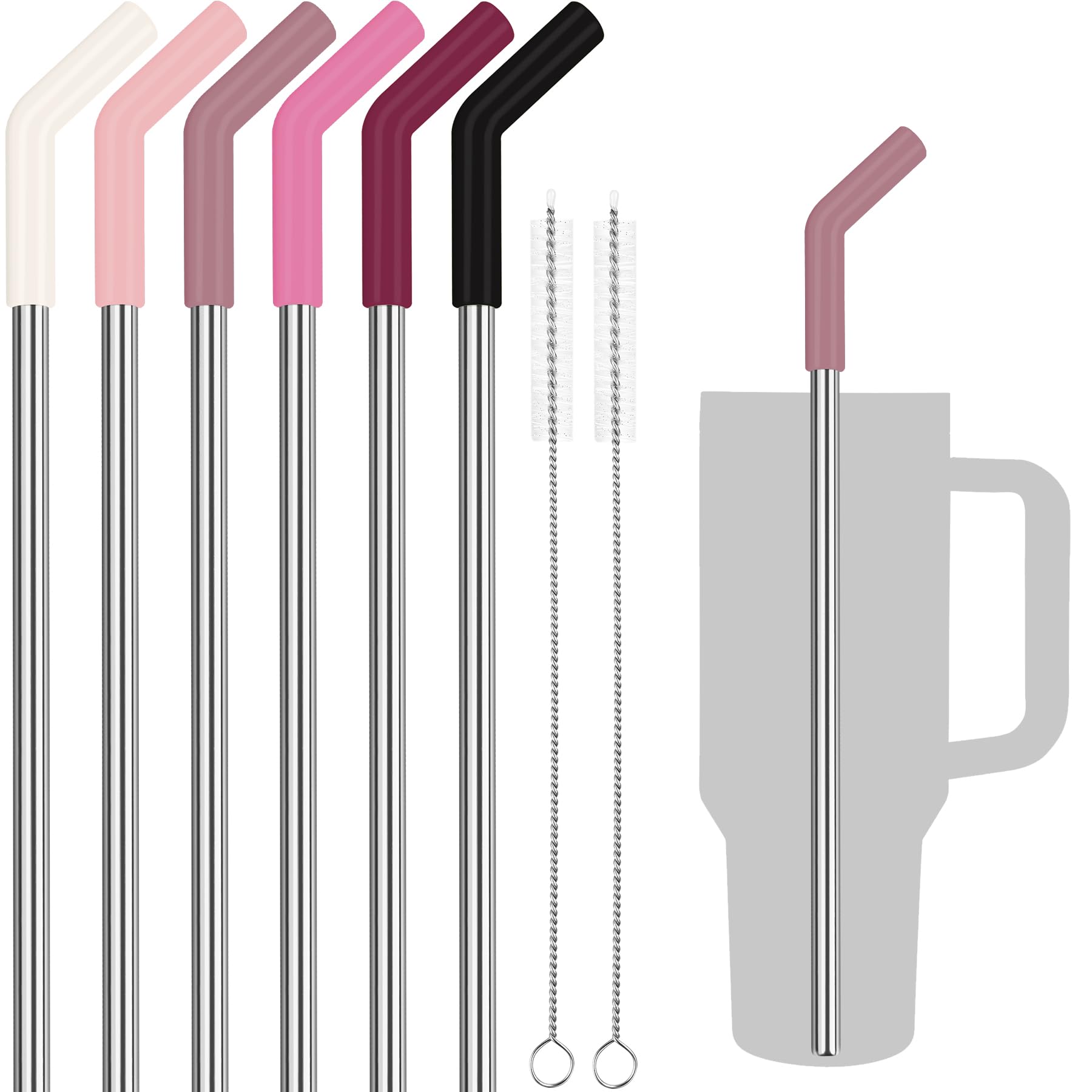 Tomorotec 6 x Stainless Steel Straws with Silicone Tips, Suitable for Stanley 40 oz Stanley Tumbler, 30 cm Straws Reusable with Colourful Extensions and 2 Brushes, Pink