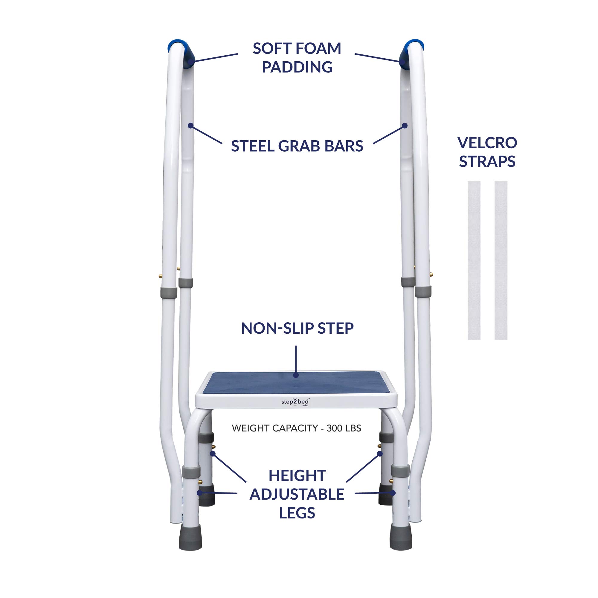 step2bed Mini Step Stool with Handle for Elderly - Adjustable Height Bed Safety Rail for Seniors with Handicap Grab Bars - Stainless Steel Portable Step Stool for Bed (300 LBS Capacity)