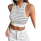 SweatyRocks Women's Striped Round Neck Tank Top Sleeveless Slim Fit Crop Tops
