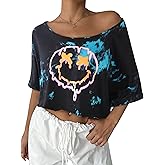 Remidoo Womens Off The Shoulder Tops Short Sleeve Crop Top Asymmetrical Neck T Shirt