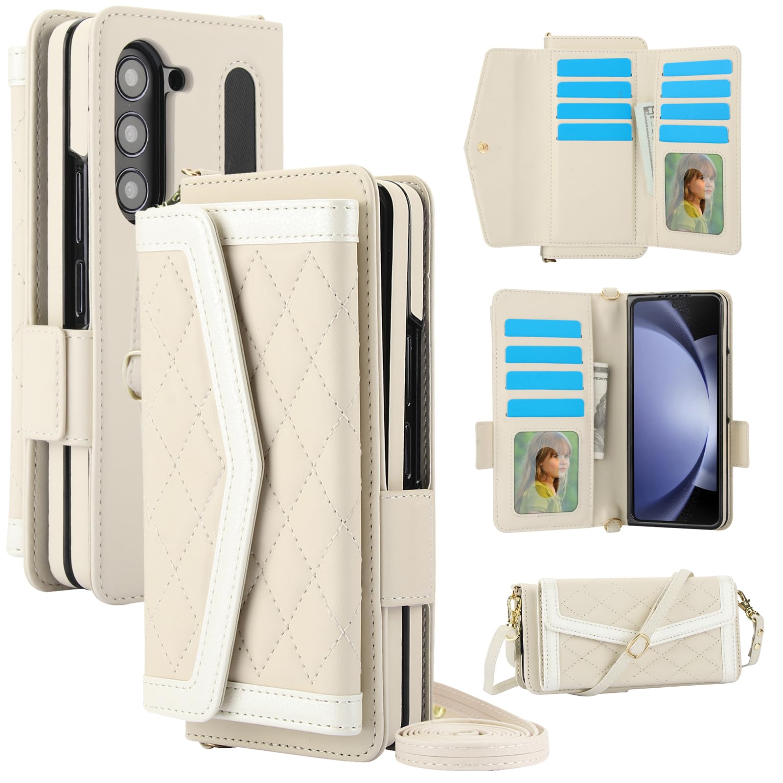 Konstreet for Samsung Galaxy Z Fold 7 Wallet Case - Stitching Pattern RFID Blocking Card Holder, S Pen Slot Crossbody Strap, Full Body Protection Flip Cover for Women White