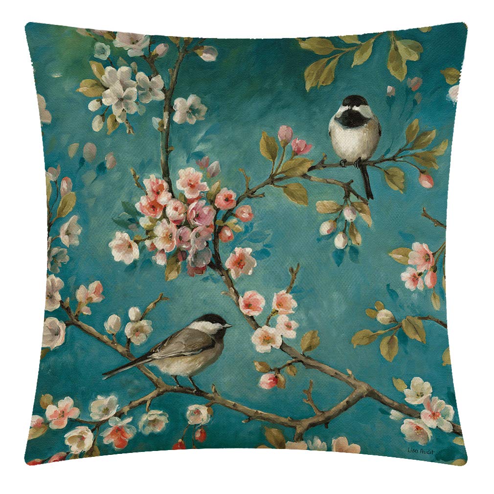 CANSEGO Funny Two Hummingbirds Rest On Tree and Flower Blossom Throw Pillow Case, Cotton Linen Cushion Cover Square Standard Home Decorative for Sofa Bedroom Men/Women 18x18 Inch