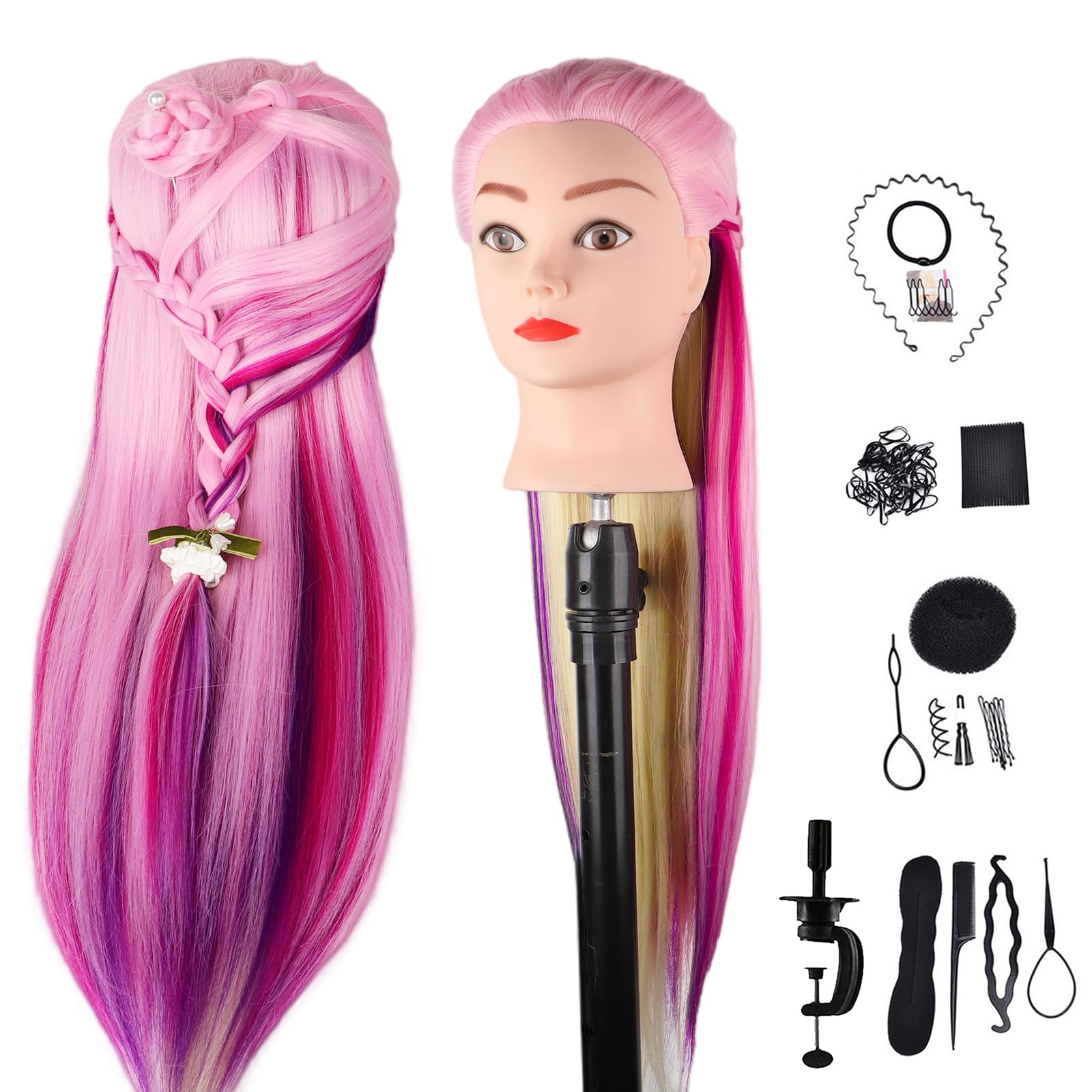DaizySight Hair Styling Training Head Synthetic Hair, 26" Cosmetology Mannequin Head Hairdressing Manikin Doll Head with Clamp & Styling Tools (Multicolor)