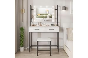 Fameill Makeup Vanity with Lights,Vanity Desk with Drawer,Vanity Table Set with Lighted Mirror,3 Color Dimmable Makeup Desk for Bedroom,White