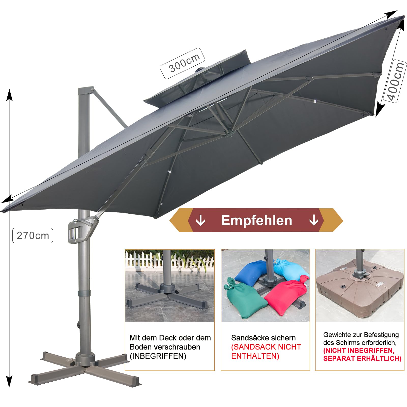LKINBO Sonnenschirm 300 x 400 cm Rechteckig mit Ständer und Kurbel, Groß Ampelschirm Terrassenschirm 360°Drehbar Parasol Windfest Gartenschirm Wasserdicht Marktschirm für Garten Deck Outdoor, Grau 5