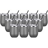 VEGOND Wine Tumblers Bulk 12 Pack, 12oz Stainless Steel Stemless Wine Glass with Lids and Straws, Double Wall Vacuum Insulated Tumbler Cup, Coffee Mug for Cold Hot Drinks