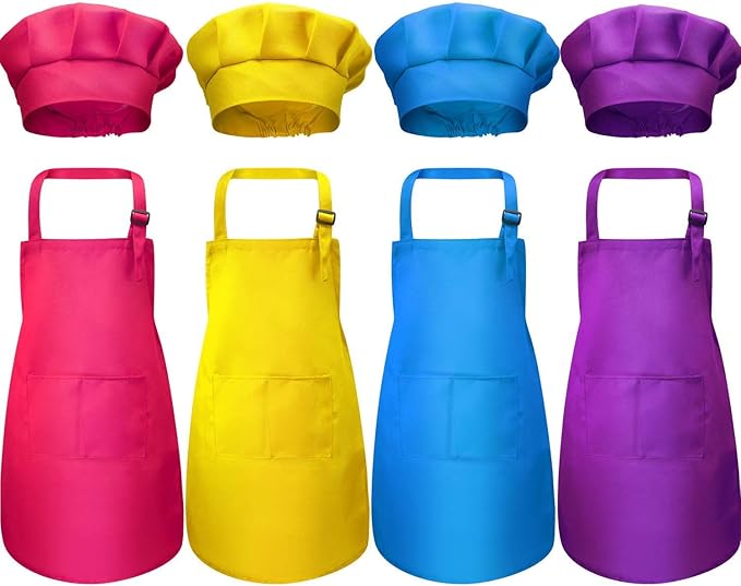 Kids Apron and Chef Hat Set 8 Pieces Waterproof and Adjustable Child