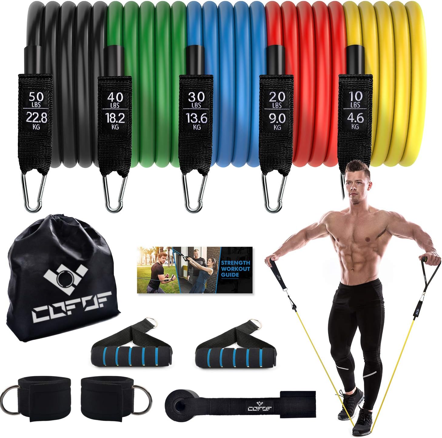 Resistance Bands Set - Exercise Bands Includes 5 Stackable Workout Bands with Door Anchor, Legs Ankle Straps, Foam Handles & Carry Bag for Resistance Training, Physical Therapy, Home Workouts