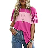 Dokotoo Summer Tops Trendy Oversized 2026 Crewneck Casual Color Block Striped Womens Shirts Blouses