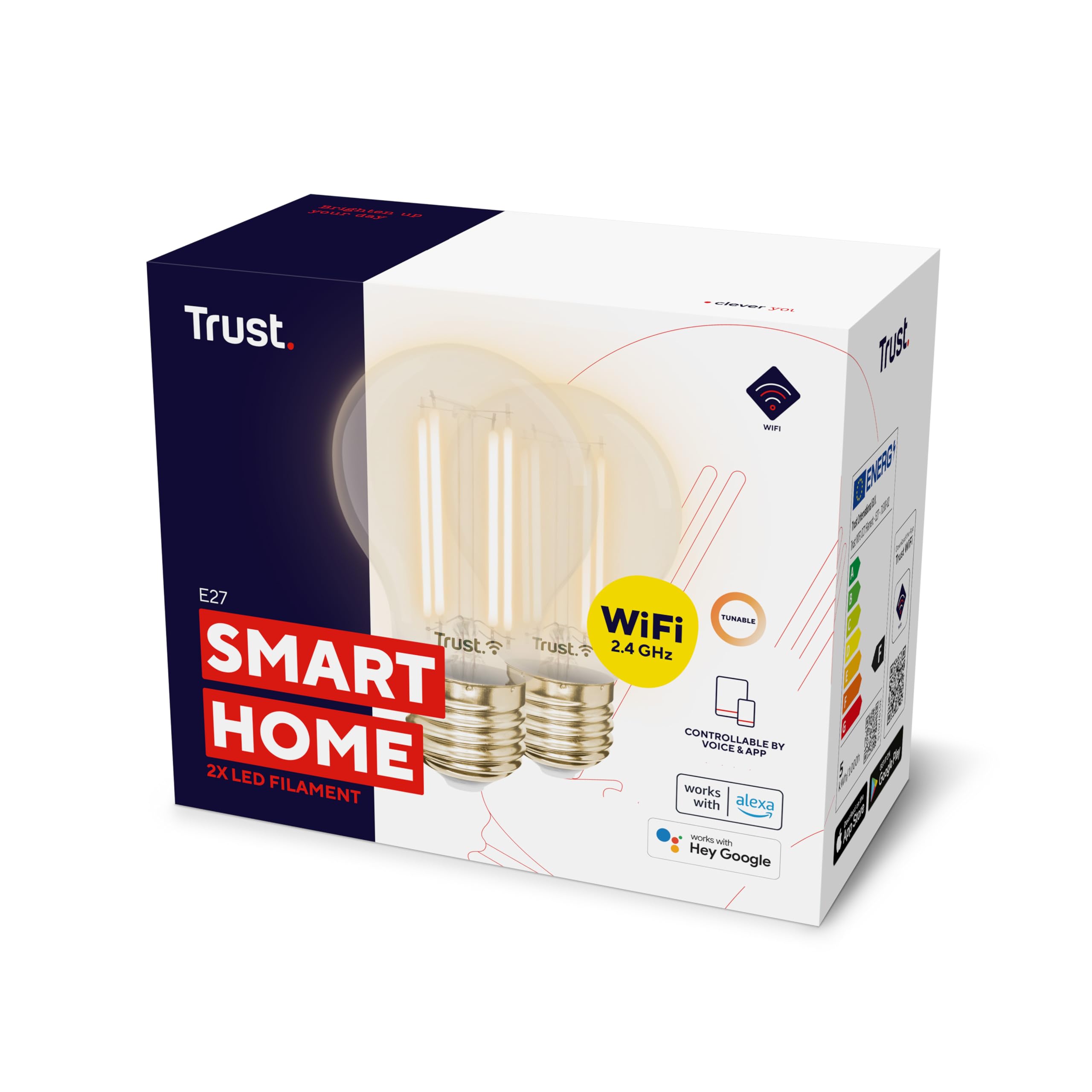 Trust Smart Home Smart WiFi LED Filament Bulb White ambience E27, Led Light Bulb Compatible with Alexa, 2 Pack