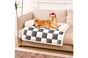 FUNNY FUZZY Pet Couch Covers for Sofa, Dog Couch Bed Washable Plush Pets Mat for Furniture Protector Cream Square Plaid Cozy Sofa Pad for Cats, Black