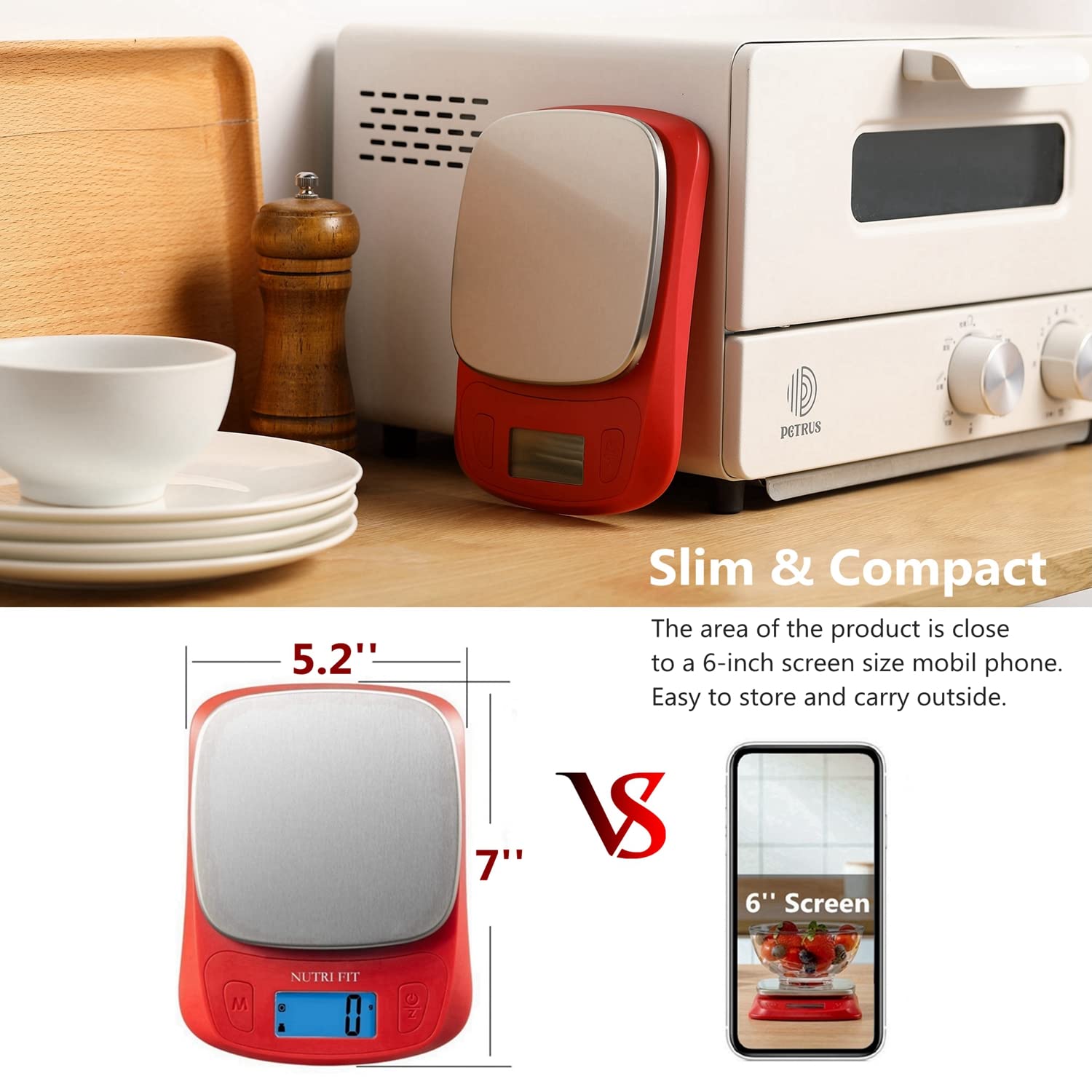 NUTRI FIT Ultra Slim Food Scale Digital Kitchen 1g Increment Measure in lb oz ml High Precision Weight in Grams and oz for Coffee Making, Meal Prep - Red/Stainless Steel