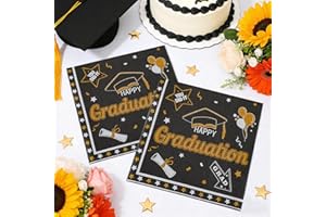 24 Pcs Graduation Napkins, Black Gold Graduation Grad Disposable Paper Napkins with Graduation Hat Balloon Pattern, Cocktail 