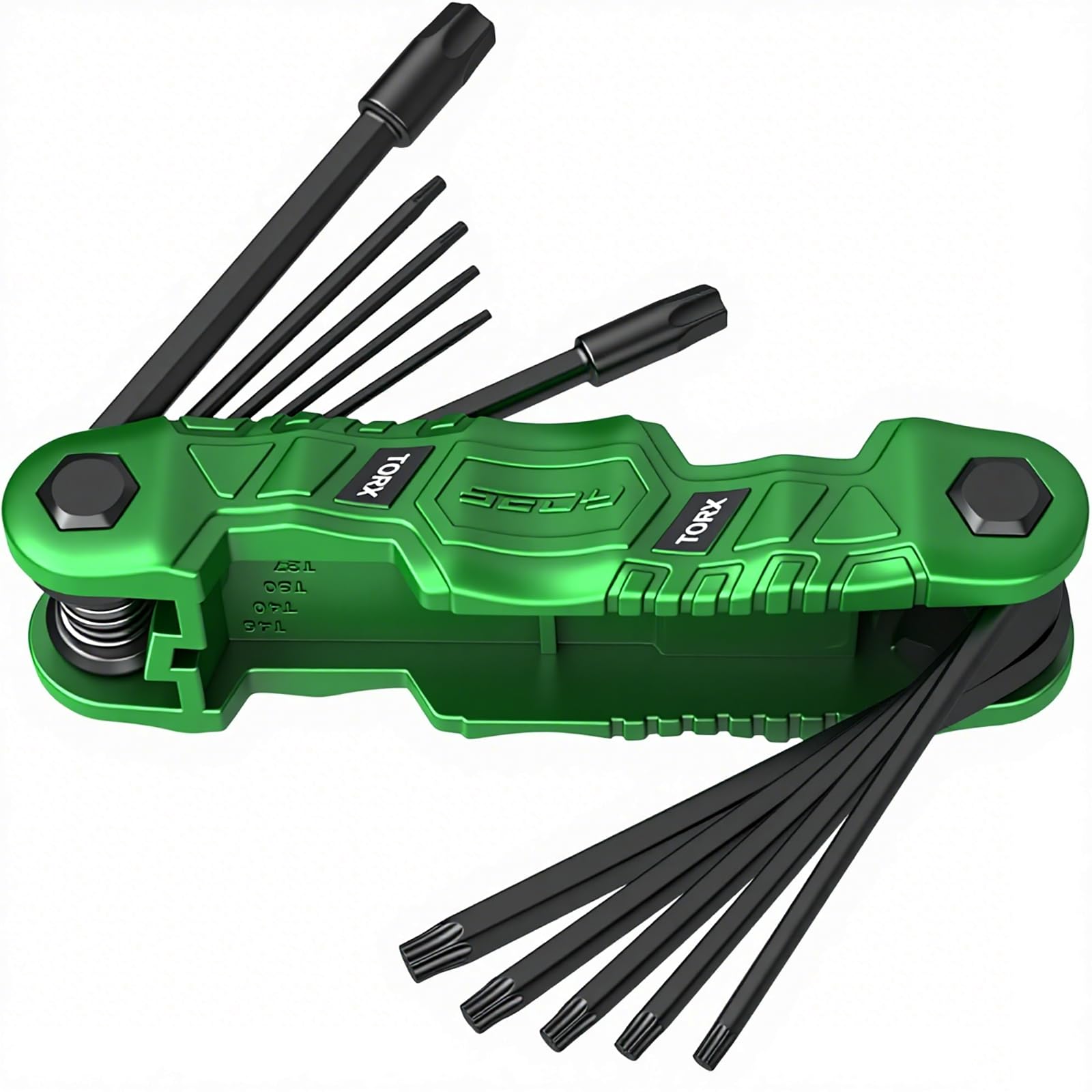 Photo 1 of 11-Piece Large Folding Torx Key Set (T9–T55), Heavy Duty Folding Star Wrench Set, Portable Compact Tool for Archery, Bike Repair, Furniture, and Basic Home Maintenance(Green)