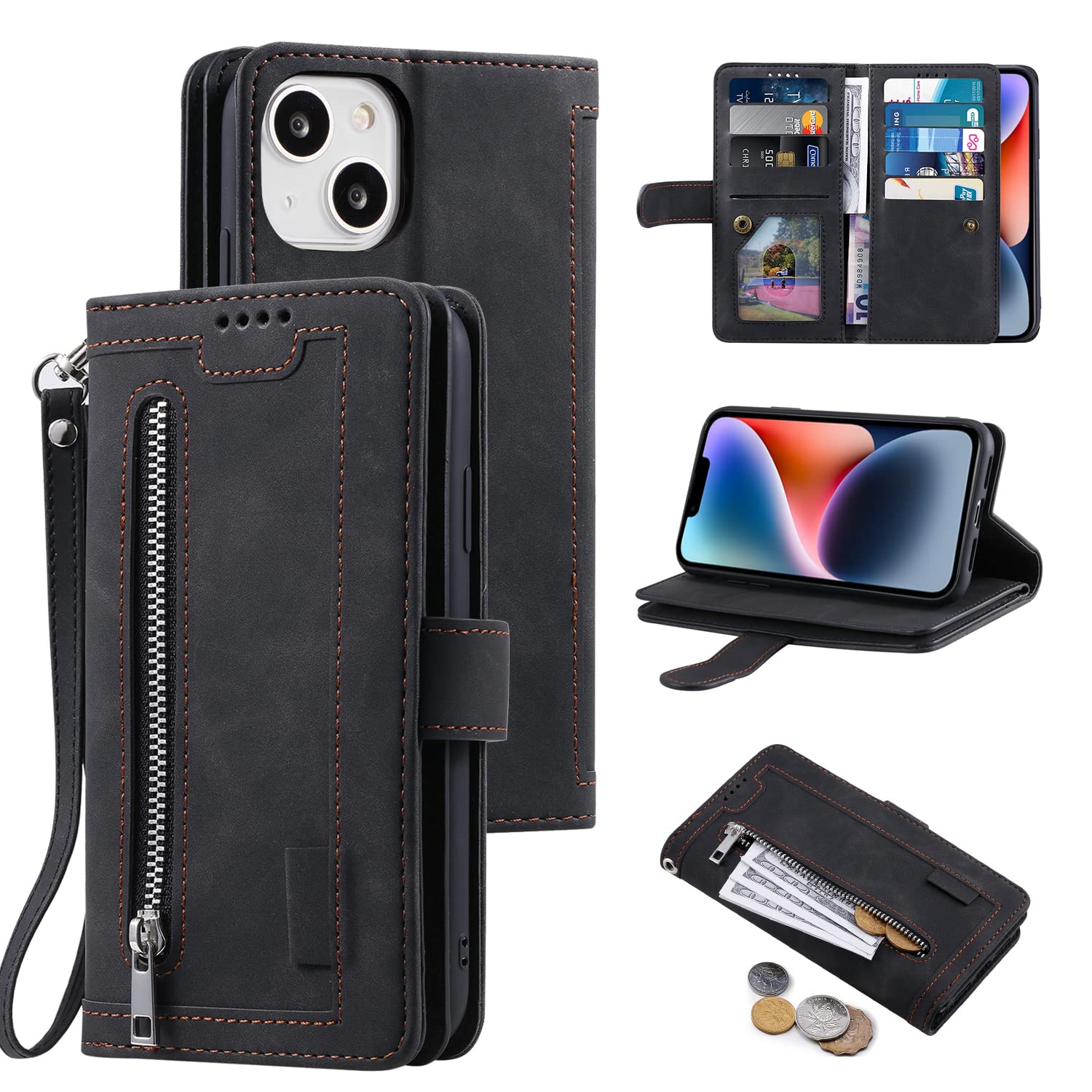 UEEBAI Wallet Case for iPhone 13 mini 5.4 inch, Retro 9 Card Holder Slots Zipper Pocket Handbag Case PU Leather Magnetic Closure Kickstand with Wrist Strap TPU Shockproof folio Case - Black