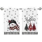 Black Red Xmas Tree Snowman Christmas Kitchen Towels Dish Towels Set of 2,Snowman Bird Believe Hand Towels 18x26 Inch Drying Dishcloth,Seasonal Winter Dish Towels for Kitchen Bathroom Home Decoration