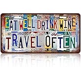 Vintage License Plate Wall Decor Eat Well Drink Wine Travel Often Metal Tin Sign for Kitchen 12 x 6 Inches